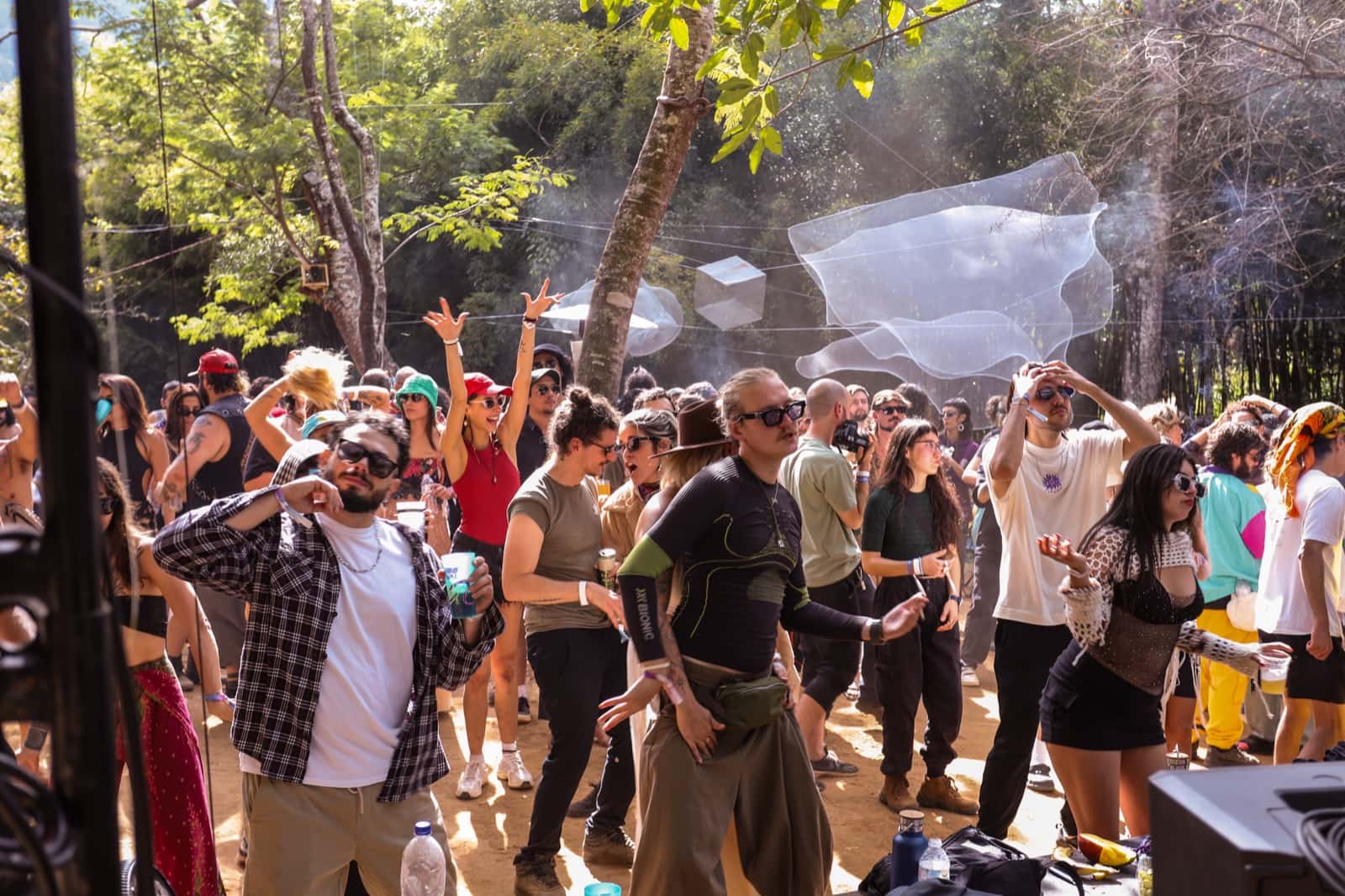 Público dançando ao sol, poeira dourada no ar